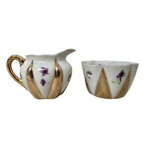 Vintage Saji Japan Fancy China Creamer & Sugar Bowl Gold w/ Purple Floral